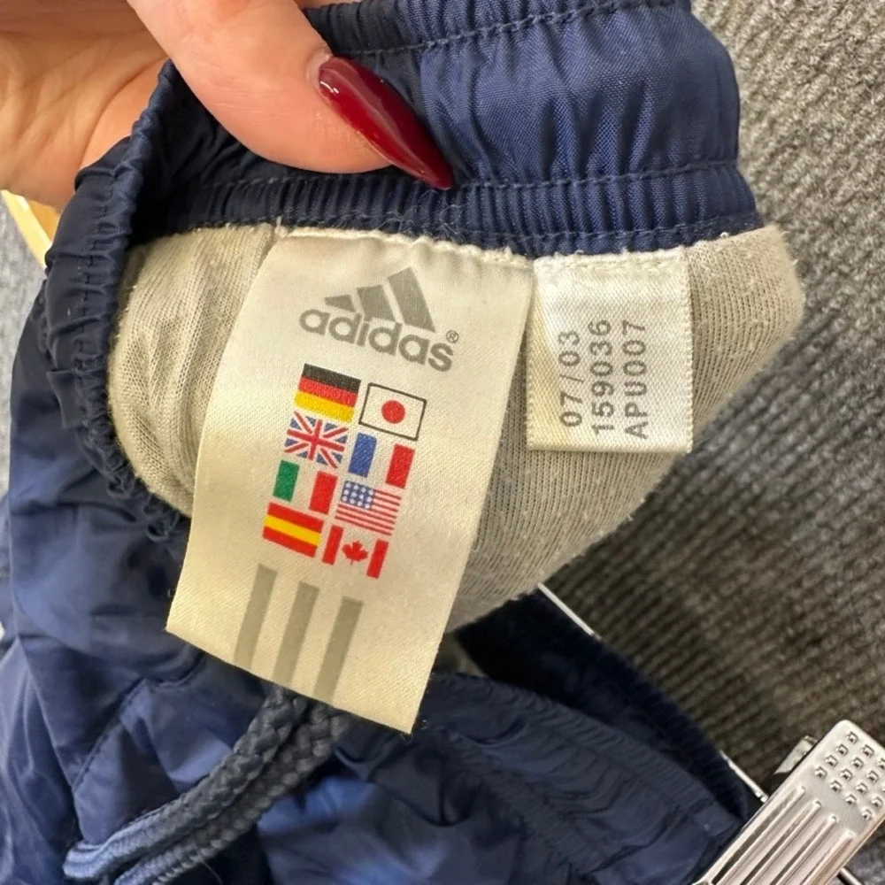 Adidas Navy Blue Three Stripe Windbreaker Track Pants Mens XL Embroidered Logo
